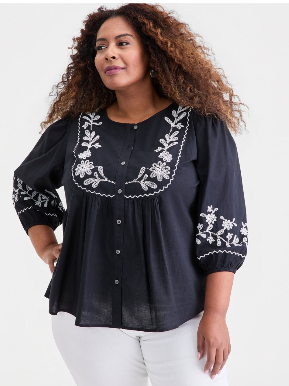 Plus Size Embroidered Button-Front Blouse in Black Boho Festival Cottagecore